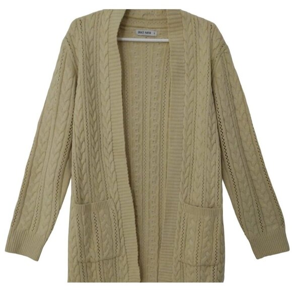 Grace Karin Women's Beige Cable Knit Cardigan Sweater with Pockets, Size M - Picture 5 of 8